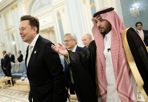 Senior Advisor to the US President Elon Musk (L) and Nvidia CEO Jensen Huang (C) are directed to greet the Saudi Crown Prince at the Royal Court in Riyadh on May 13, 2025 as Saudi Arabai announced deals with US tech giants
